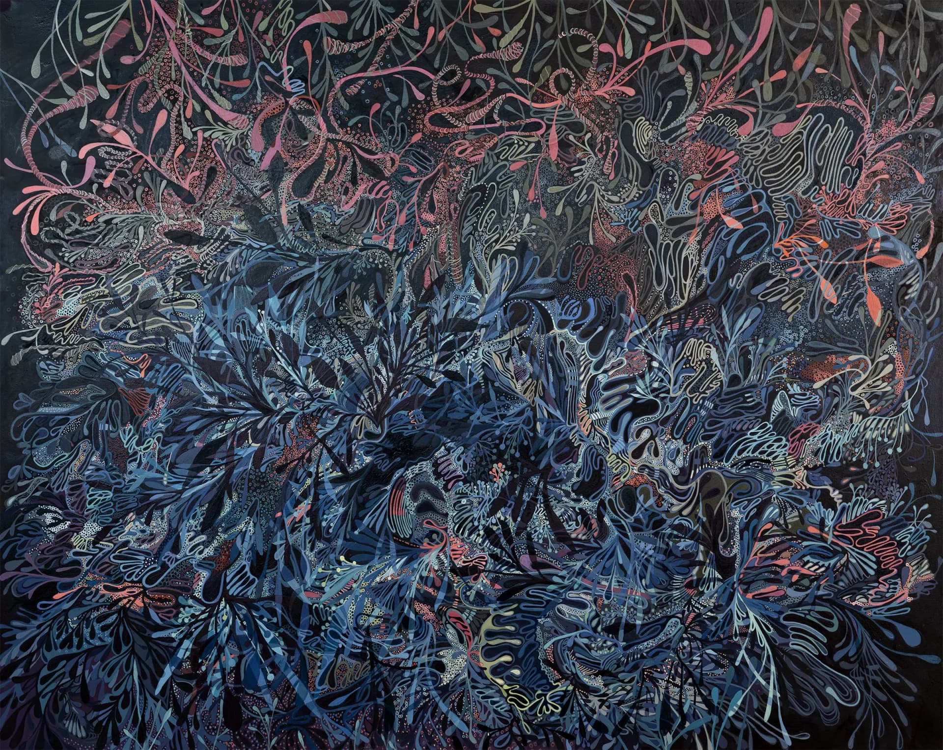 Large-scale abstract painting with dense, dark botanical forms in blue and pink on black