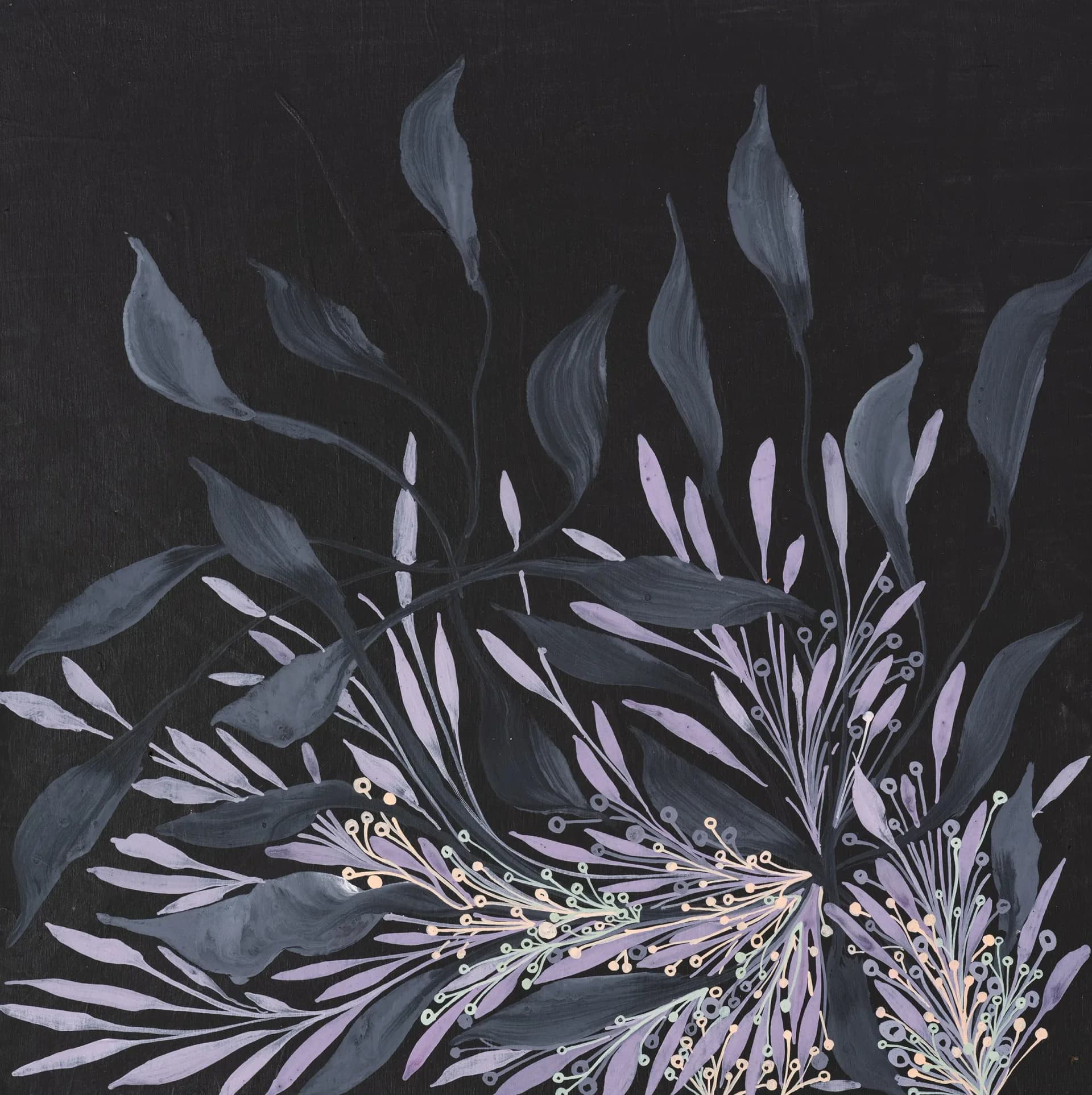 Abstract painting with vibrant orange-red botanical and teardrop forms on dark background