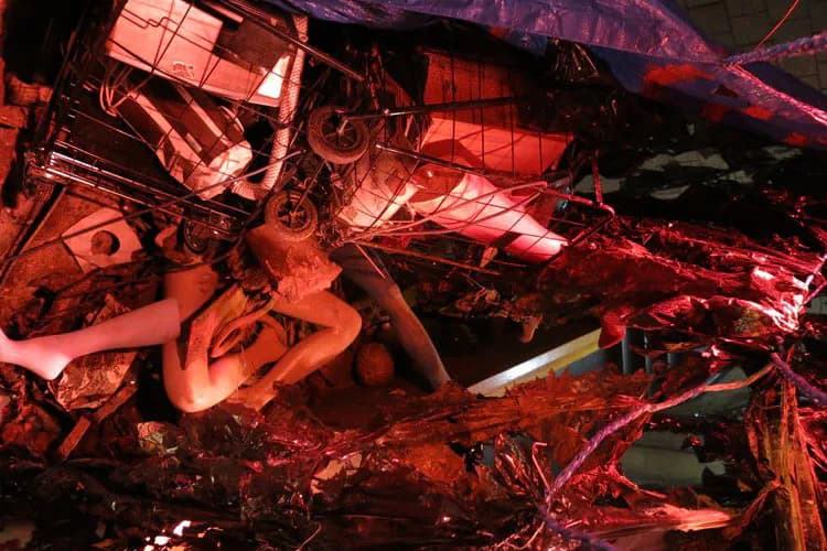 Installation artwork with red neon lighting illuminating mechanical and industrial materials suspended overhead, creating dramatic shadows and reflections.