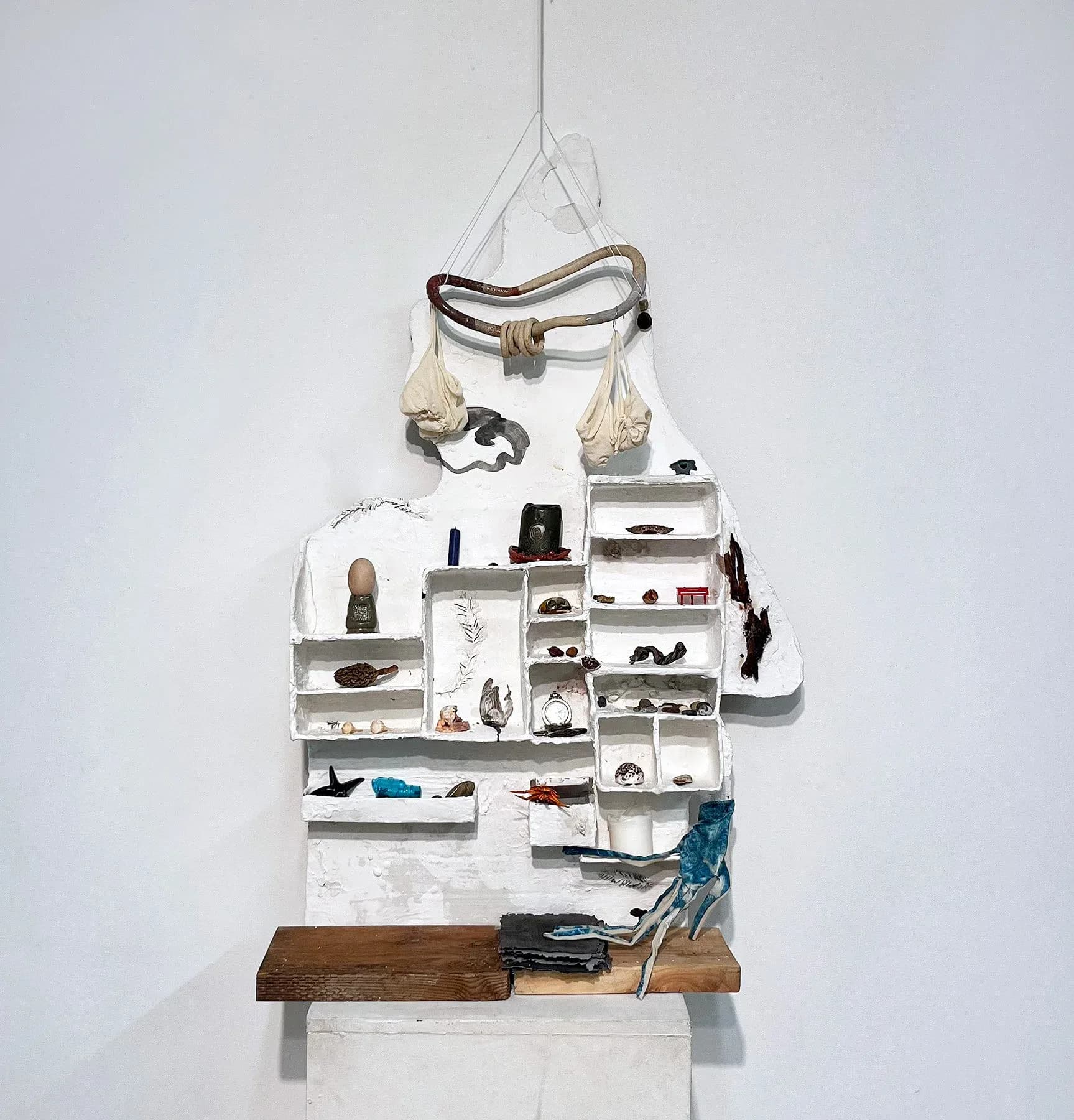 Mixed-media wall sculpture shaped like a torso with shelves containing small objects