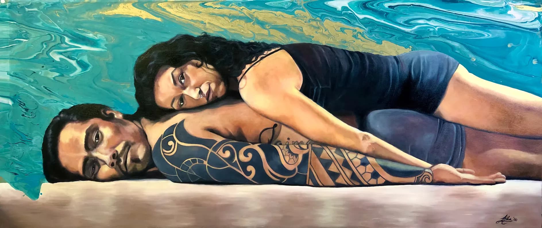 Two reclining figures in turquoise pool water; one features gold decorative patterning. Painting with yellow and blue tones.