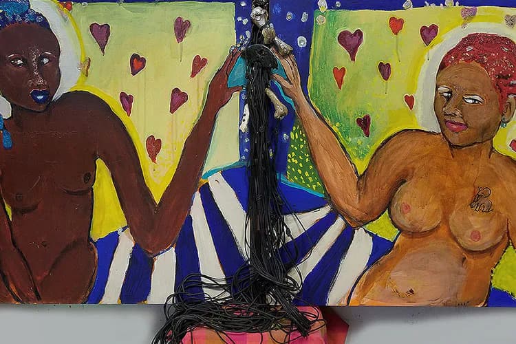 Two painted female figures with dark skin tones against yellow backgrounds with red hearts, flanking a central sculptural element with black braided hair, on a blue and white striped base.