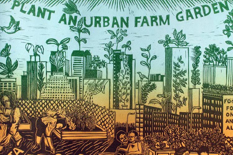 Woodcut or linocut print in green and tan tones depicting people tending plants in an urban farm garden with city buildings in background; text reads 'PLANT AN URBAN FARM GARDEN'.