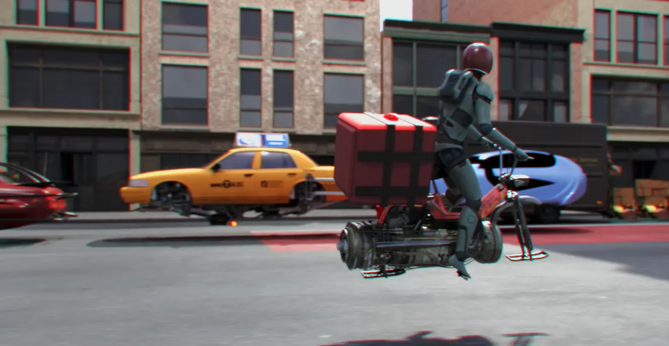3D CGI render of a futuristic delivery rider on a hovering motorcycle in a city street with flying cars