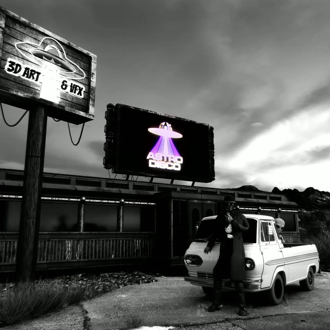 Black and white composite photo of a desert roadside diner with glowing Astro Disco billboard and vintage truck, VFX integration work