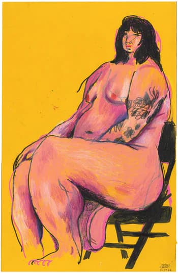 Seated nude figure on yellow background in pink and black pastel
