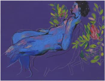 Reclining blue nude with green foliage on purple background