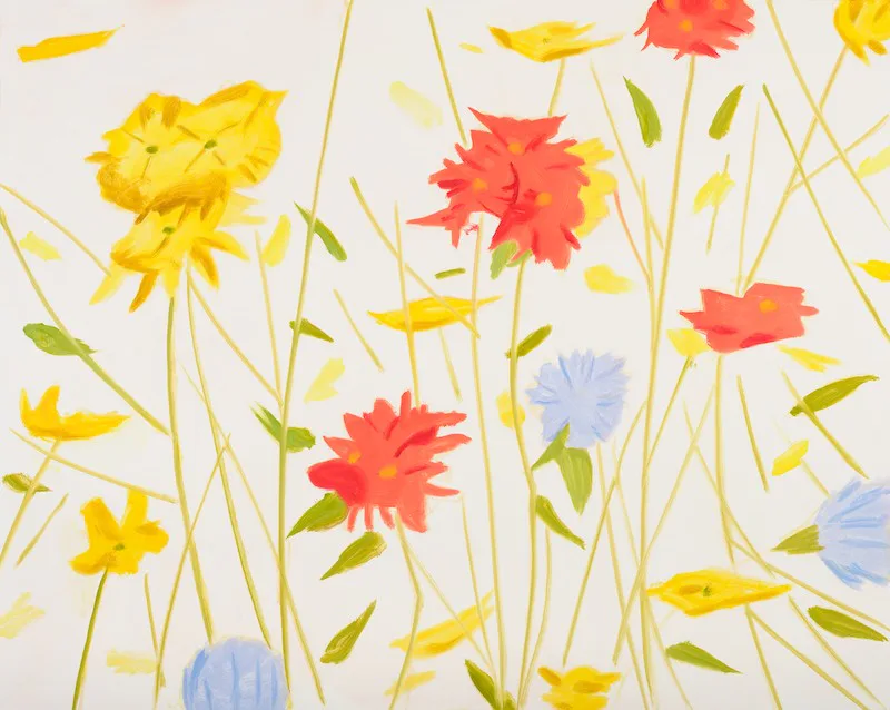 Painted wildflower garden with yellow roses, red and coral blooms, blue flowers, and green stems on white background.