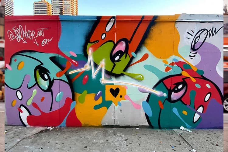 Vibrant mural with abstract cartoon faces in green, pink, red, and yellow on a geometric blue and red background.