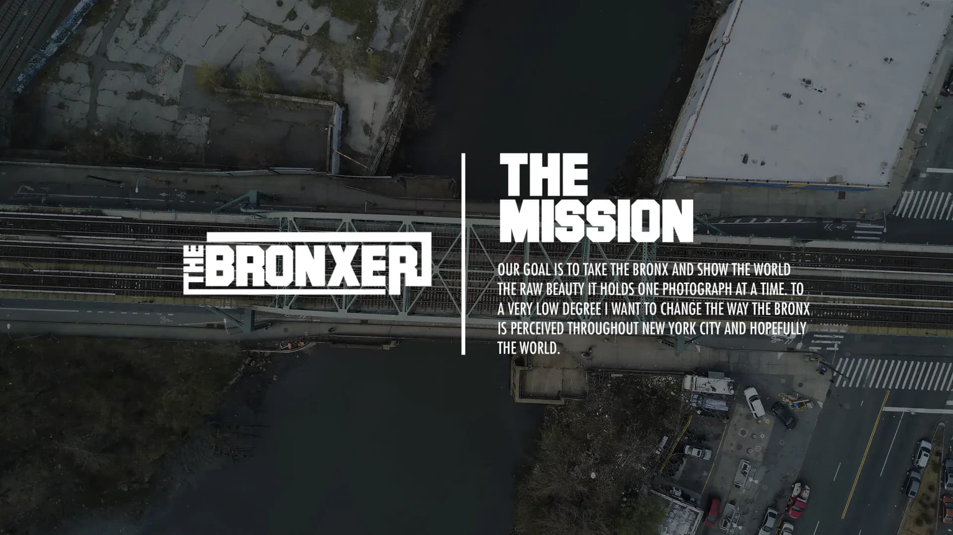 Aerial cityscape with bold white text reading 'THE BRONXER' and 'THE MISSION' against dark background.