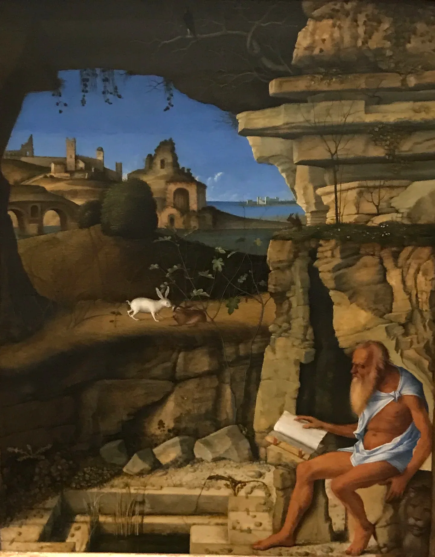 Renaissance painting of Saint Jerome reading in a rocky landscape with a white rabbit