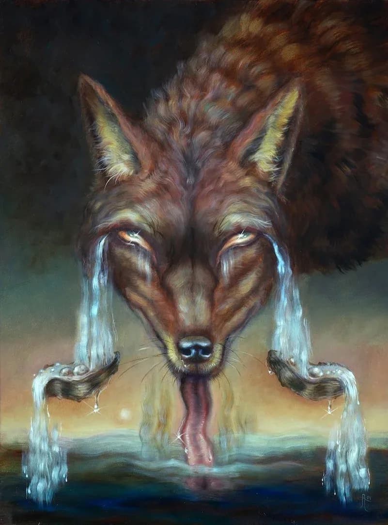 Surrealist oil painting of a fox or coyote weeping streams of water into a reflective surface