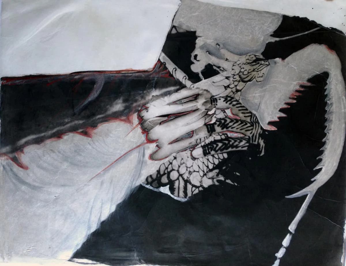 Mixed media work combining painted black and white forms with dragon imagery and red accents on crinkled paper