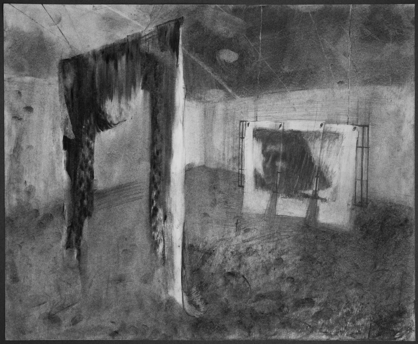 Atmospheric charcoal drawing of an interior space with a shadowy figure and suspended framed image