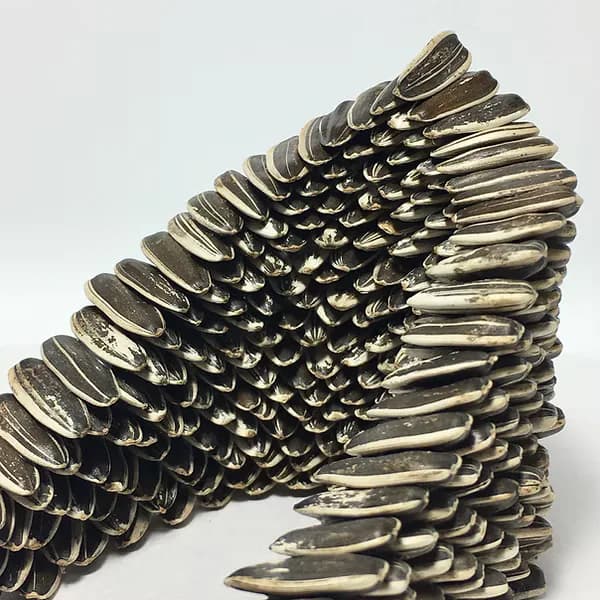 Sculptural form made of layered overlapping dark organic elements resembling scales or feathers