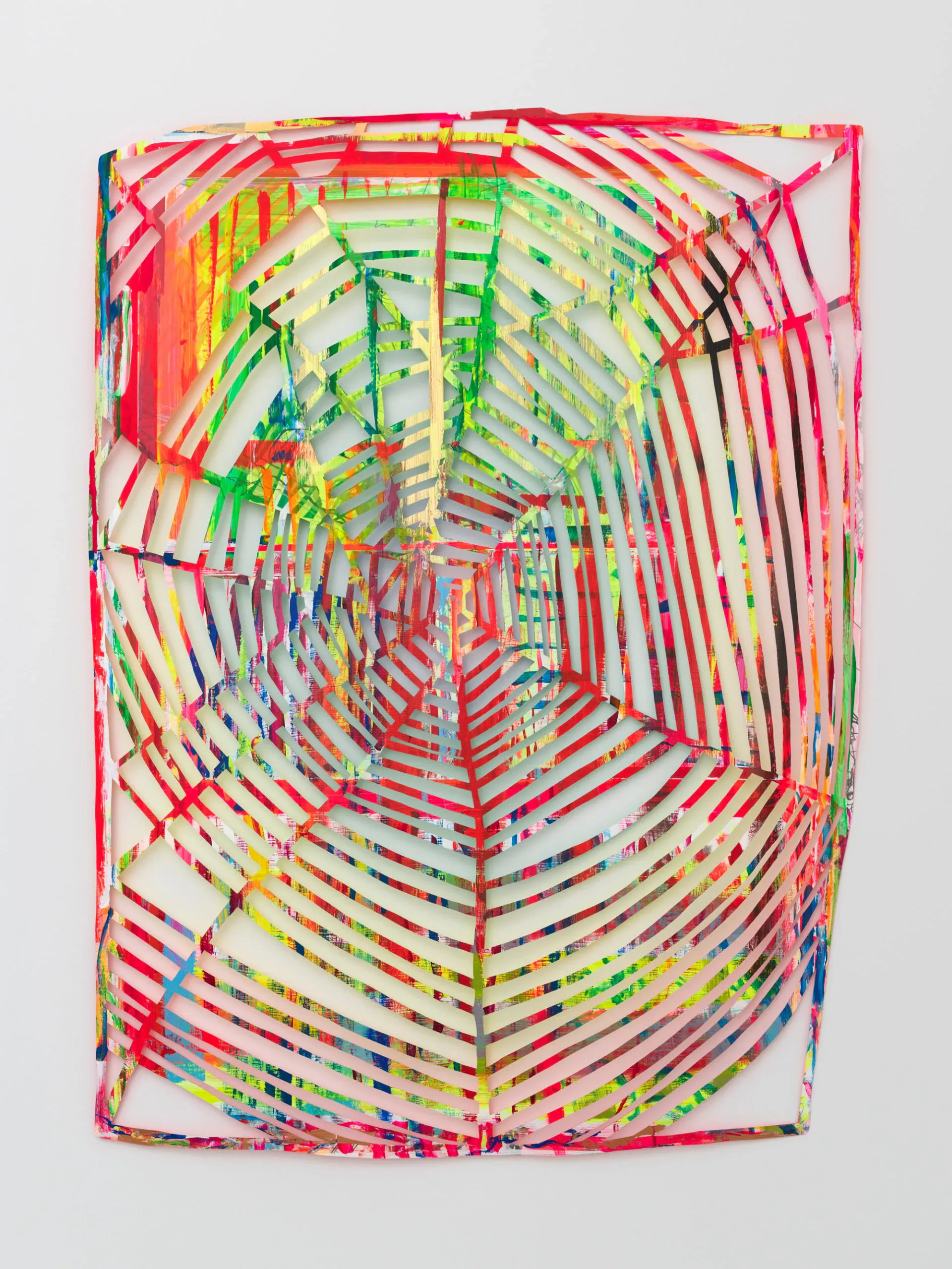 Geometric abstract artwork with concentric rectangular strips in red, yellow, green, and blue creating an optical tunnel or web effect within a framed border.