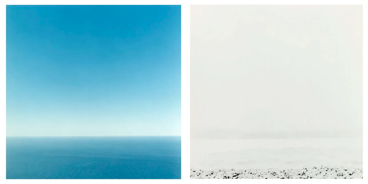 Diptych of vivid blue ocean horizon paired with a stark white snowy landscape
