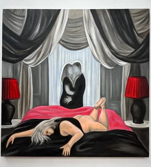 Painting of a woman lying on a bed with two embracing ghostly figures in the background
