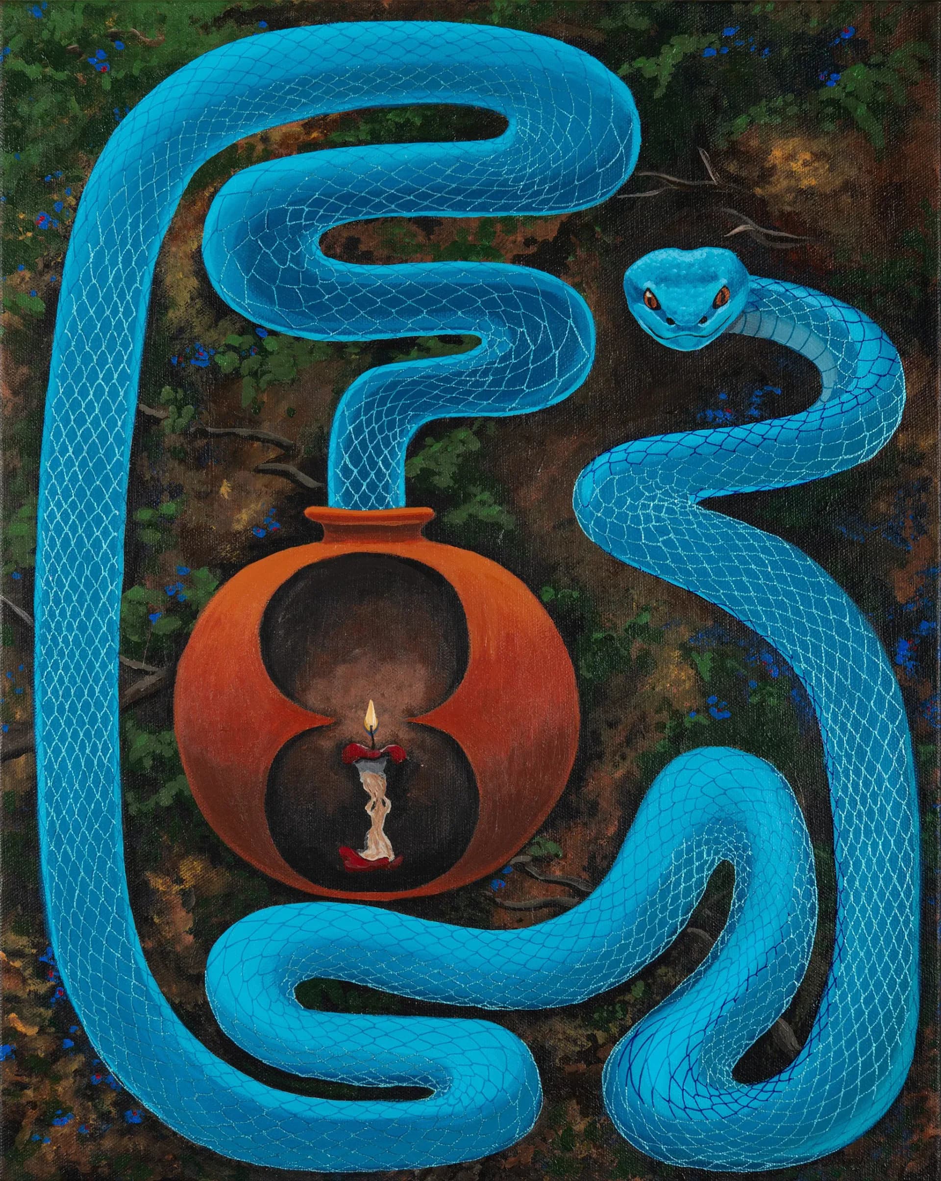 Painting of a vivid blue snake coiled around a terracotta vessel with a tiny figure inside holding a candle, set against a dark forest background