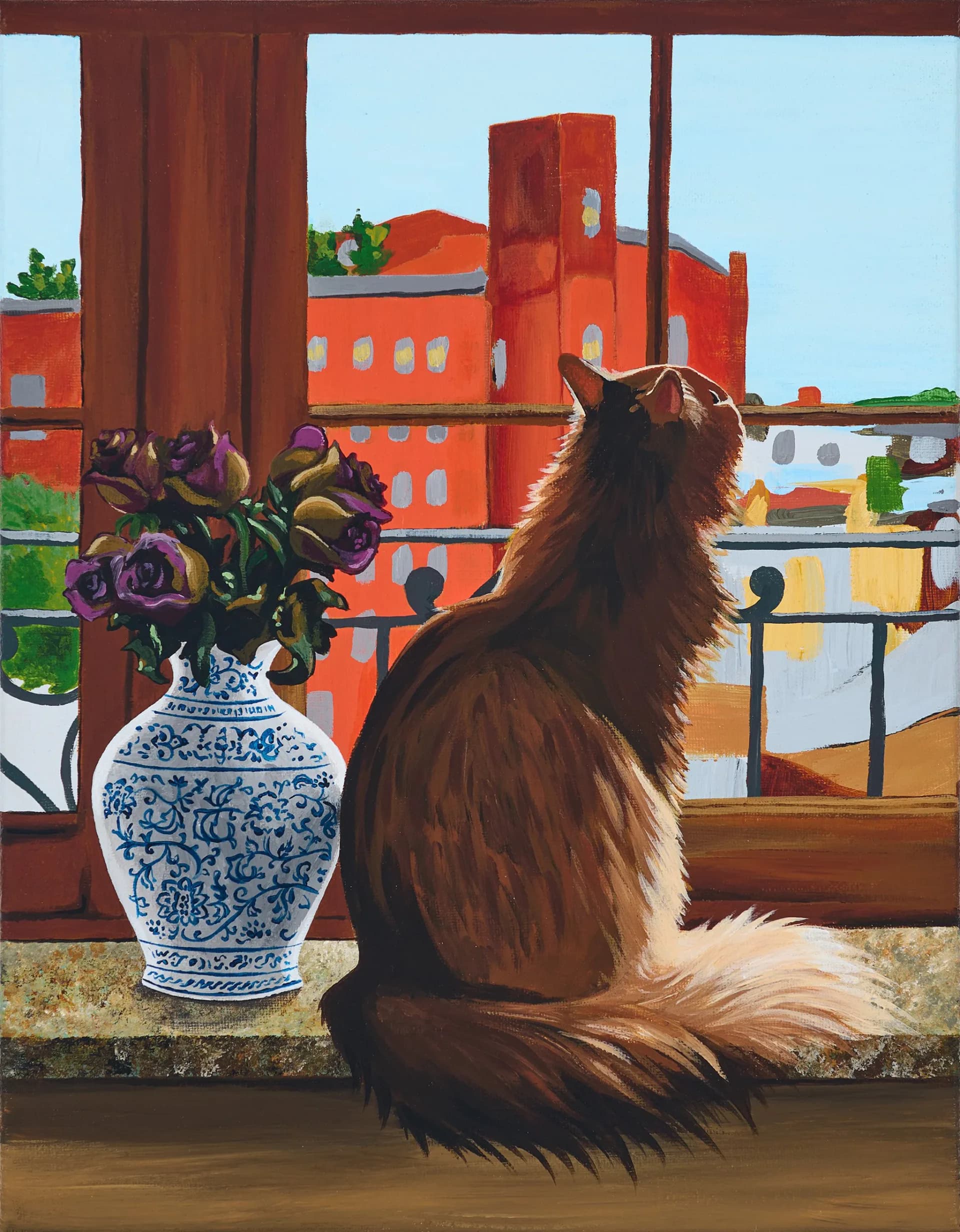 Painting of a fluffy brown cat sitting on a windowsill looking out at a colorful urban cityscape with a blue-and-white vase of roses
