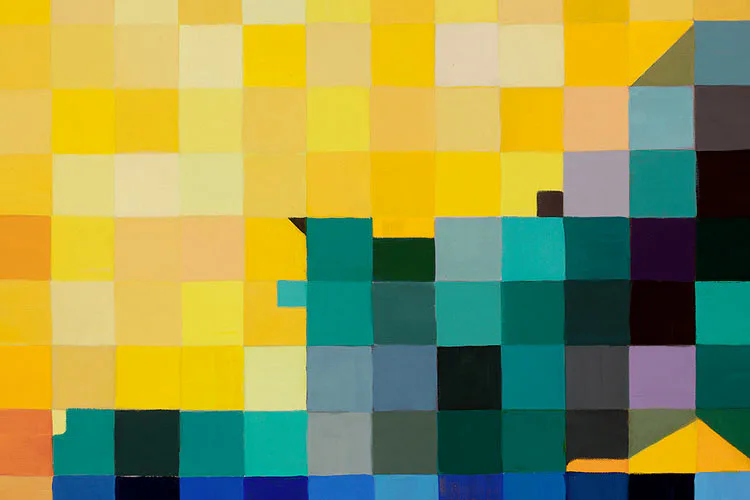 Abstract pixelated composition with mosaic-like squares in yellows, teals, blacks, and earth tones, suggesting a digital or grid-based painting by Amy Pryor.