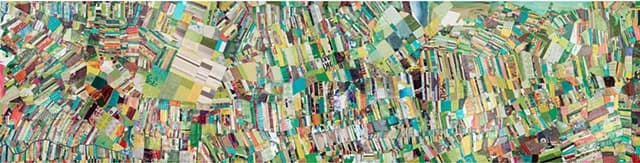 Dense abstract mixed-media collage with overlapping colorful printed fragments, text, and layered materials in vibrant multi-colored palette.