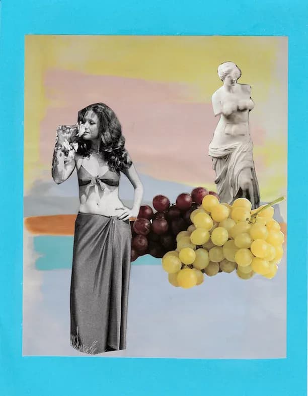 Collage of woman in bikini with Venus de Milo statue and grapes on teal background