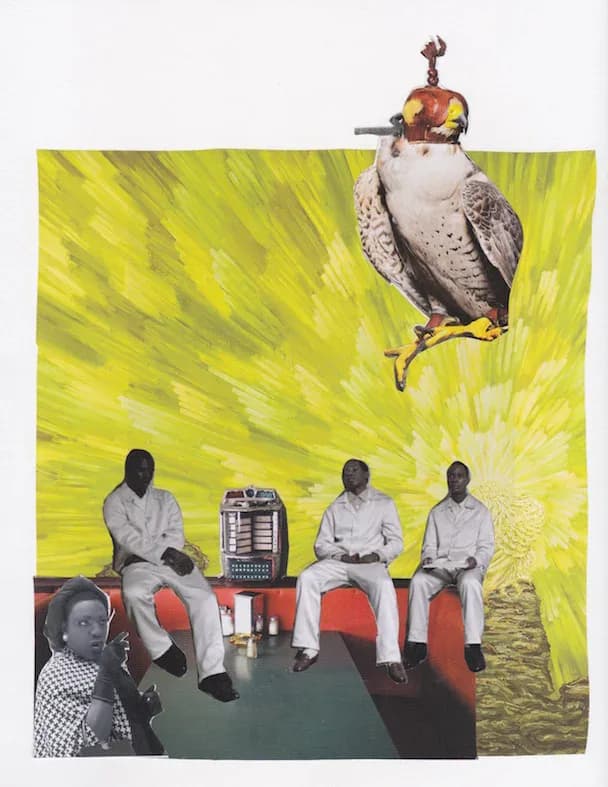 Collage of figures in white suits at a diner with a hooded falcon and explosive yellow background