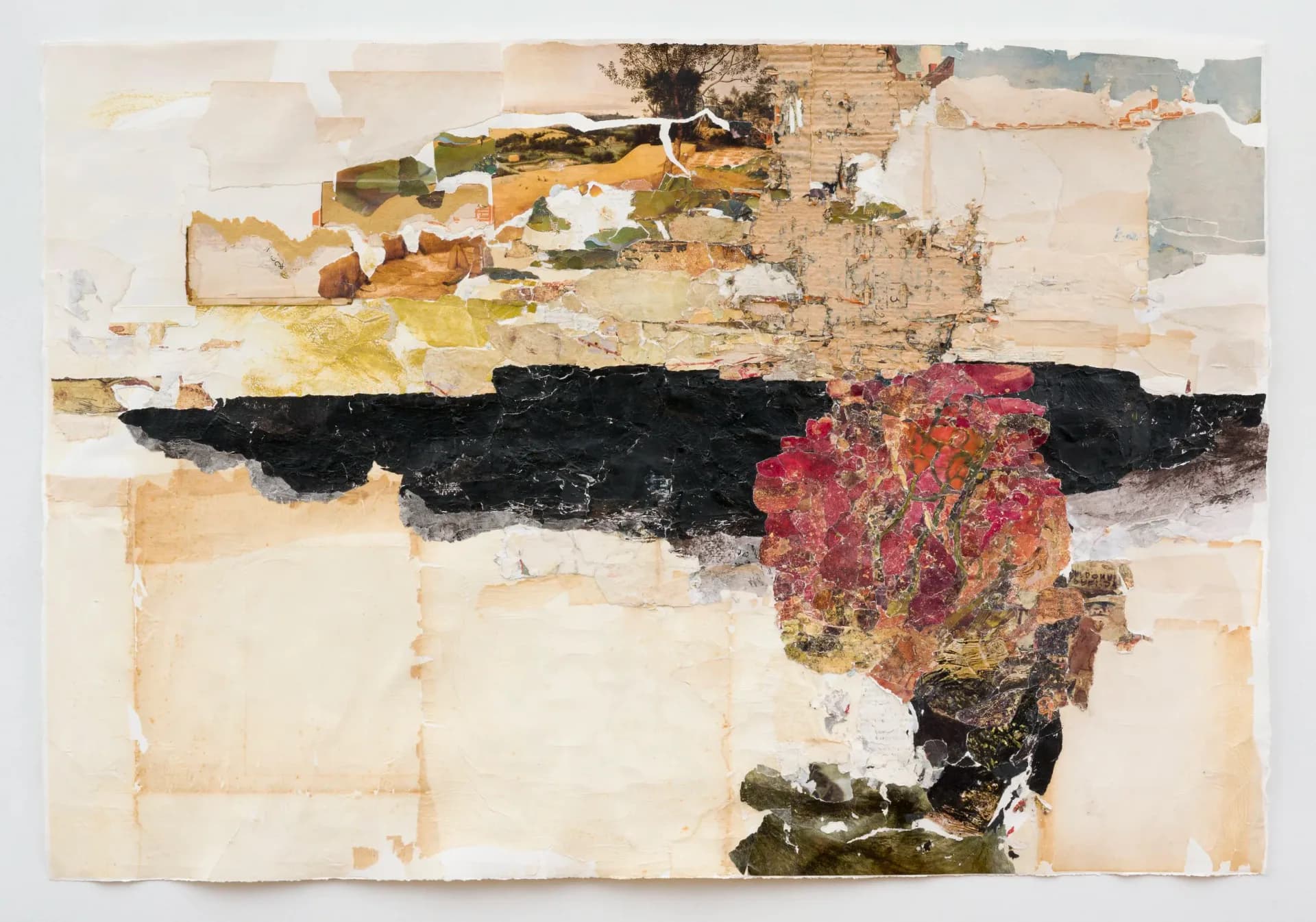Horizontal mixed media collage with beige, black, and crimson tones combining torn paper, landscape imagery, and painted surfaces