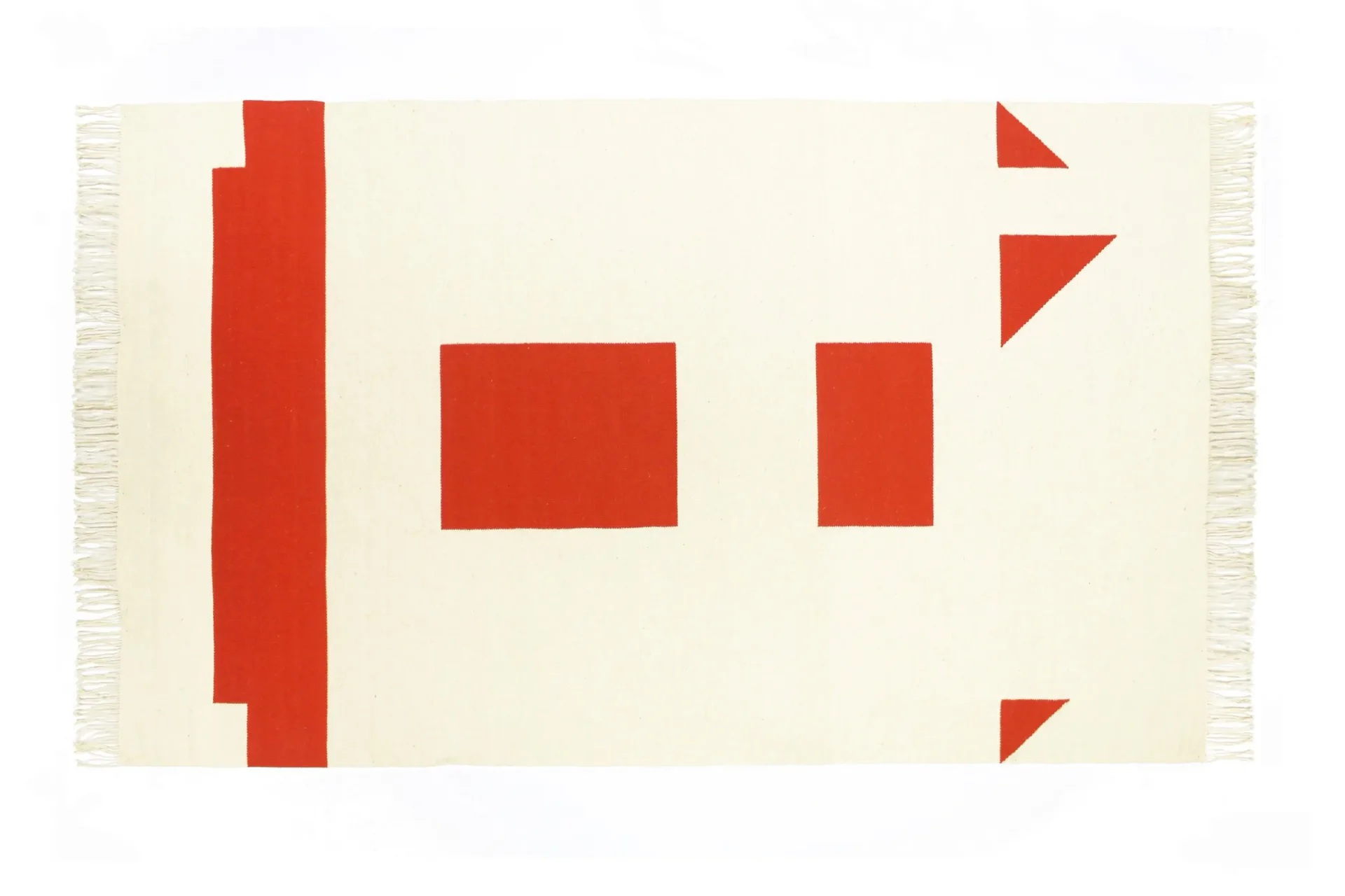 Woven tapestry with grey gradient background and dynamic diagonal orange and navy stripe elements