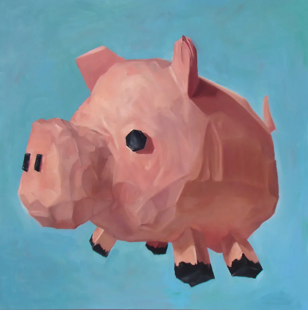 Painting of a low-poly pink pig toy on a teal background