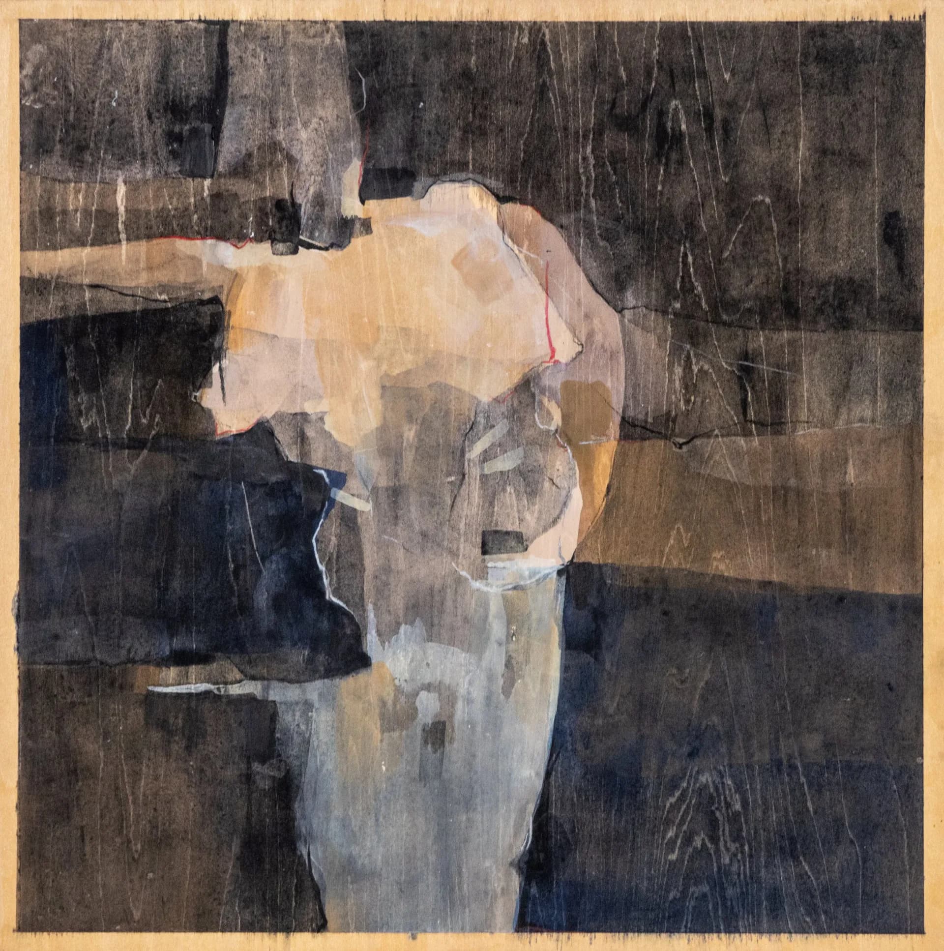 Abstracted figure study with cream and pale yellow central form contrasted against dark charcoal and navy background; mixed-media layering with subtle texture.