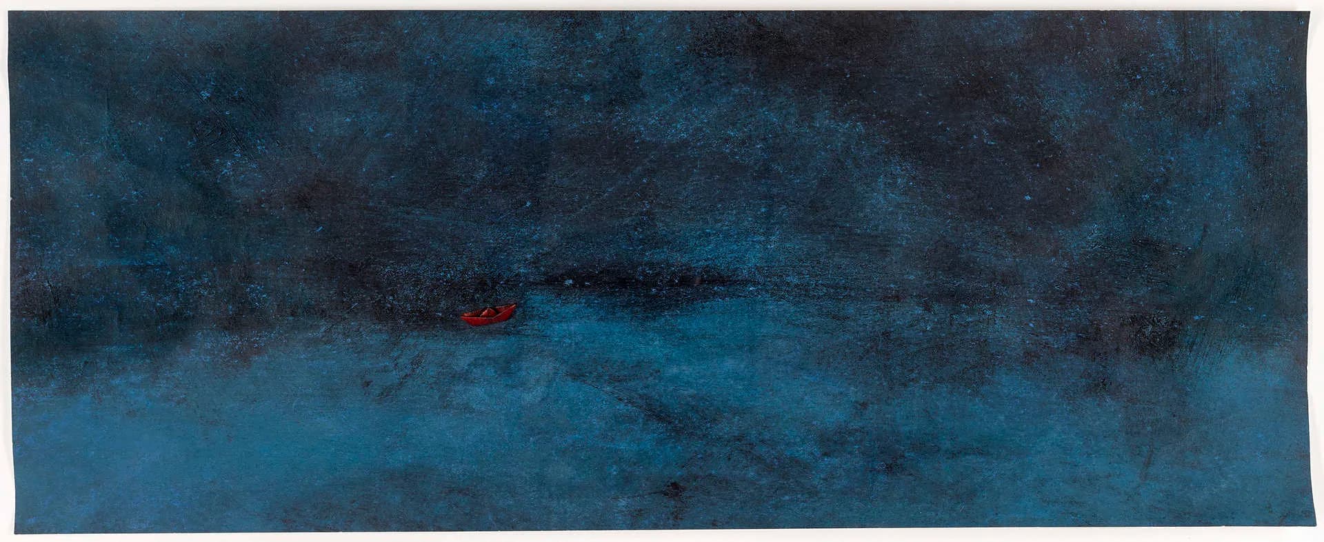 Panoramic painting in deep blue tones with a small red paper boat floating on turbulent waters