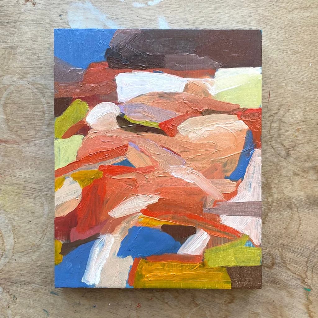Abstract painting with overlapping brushstrokes in red, orange, blue, yellow, white, and brown on canvas.