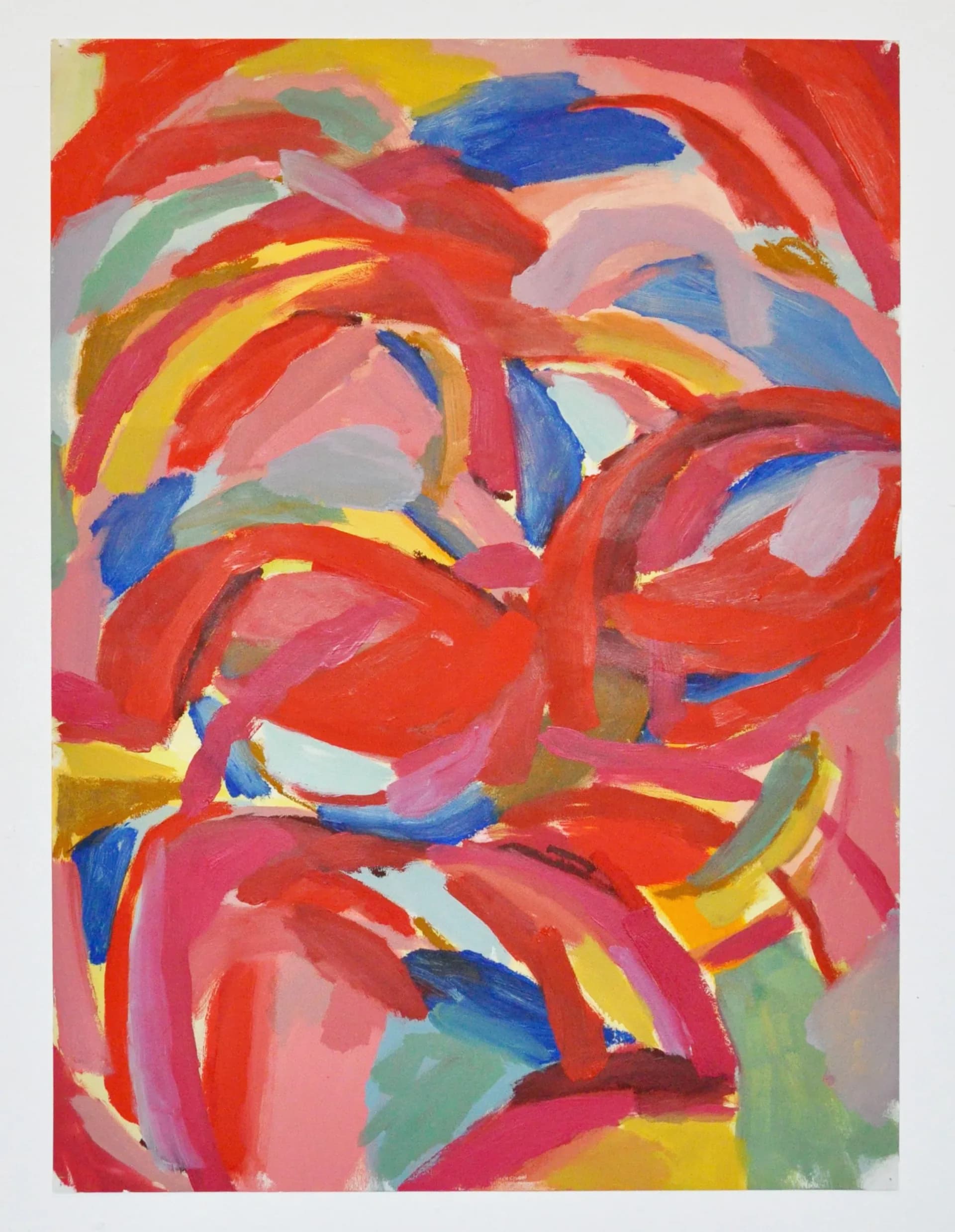 Abstract painting with bold red, pink, orange and yellow sweeping brushstrokes on canvas