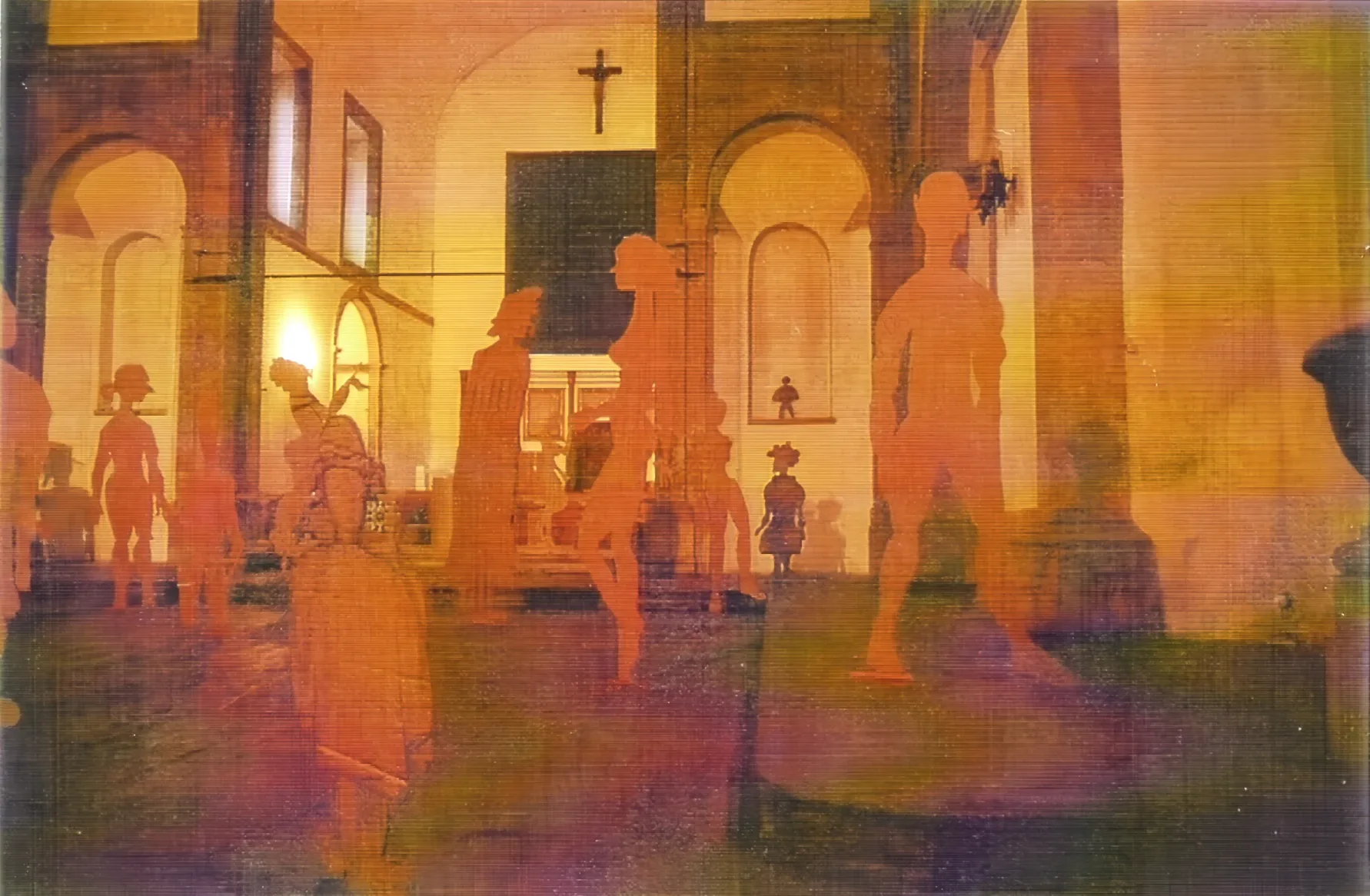 Figurative painting of people in a church interior lit by warm golden and purple tones, featuring a cross and arched architectural elements.