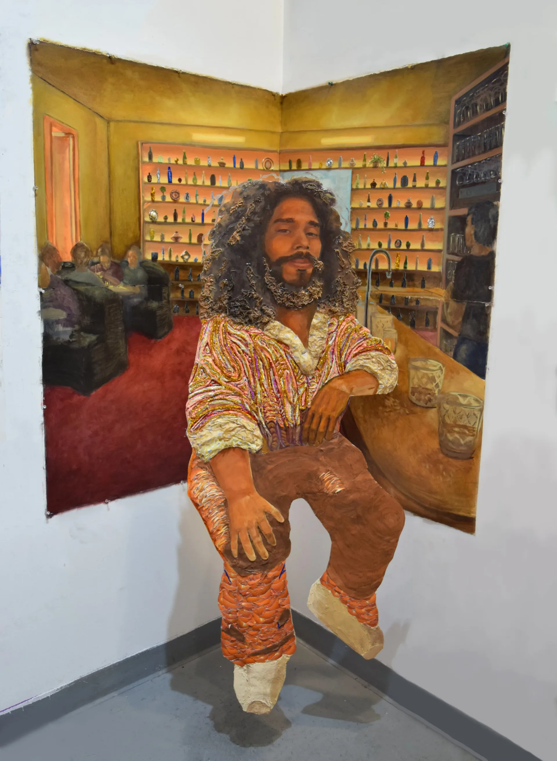 Triptych-style mixed-media artwork depicting figure with long curly hair in patterned shirt seated in interior with shelved background, rendered on folded paper.