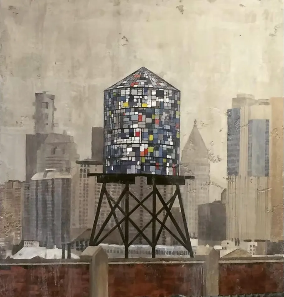 Mixed-media installation of a water tower filled with colorful papers mounted on industrial scaffolding against a painted cityscape background.