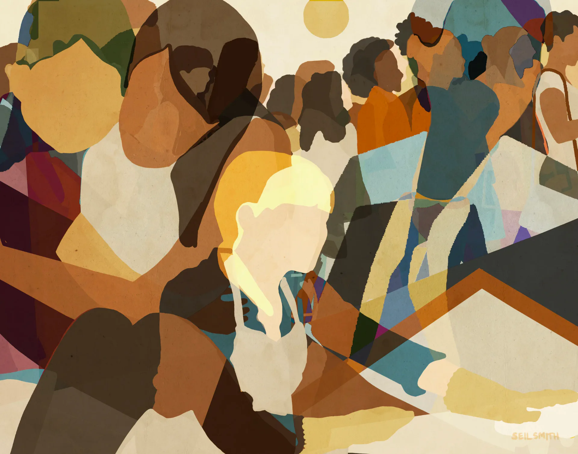 Abstract figurative illustration of a crowd scene with overlapping translucent figures in warm earth tones
