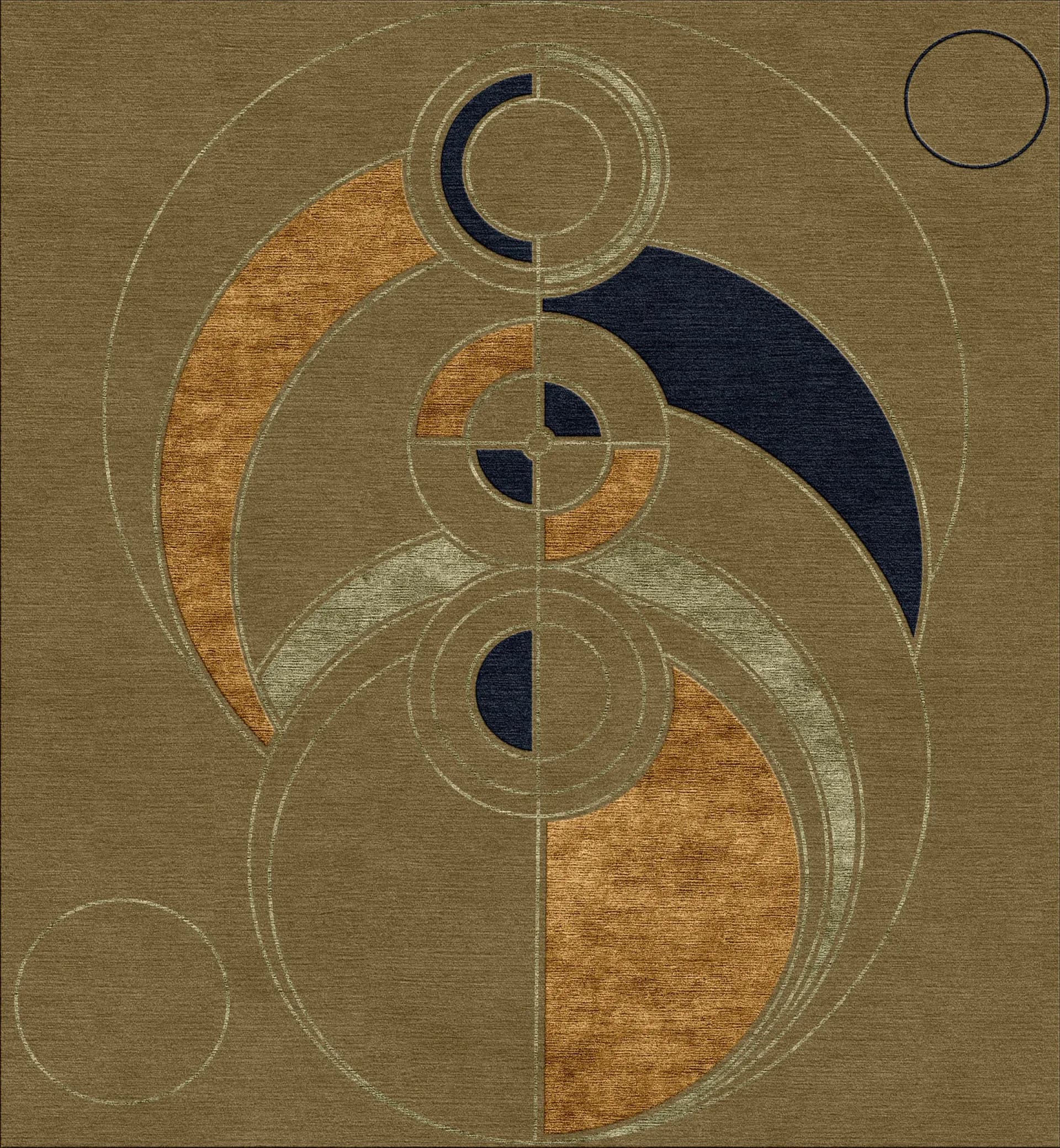 Geometric rug with concentric circles, gold and navy on camel ground