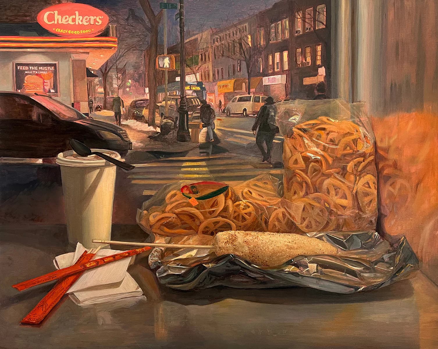 Oil painting of street vendor food including pretzels and corn on cob against a night cityscape with Checkers restaurant