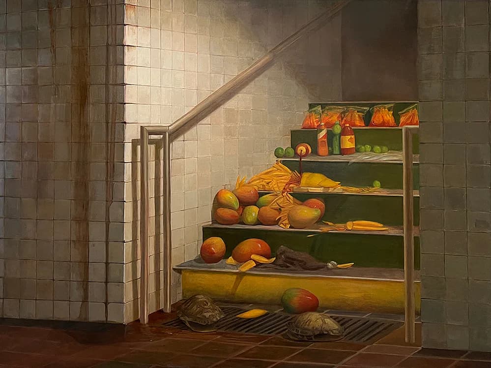 Oil painting of mangoes and fruit displayed on green subway station steps with tiled walls
