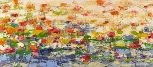 Abstract panoramic landscape with colorful buildings and blue horizon