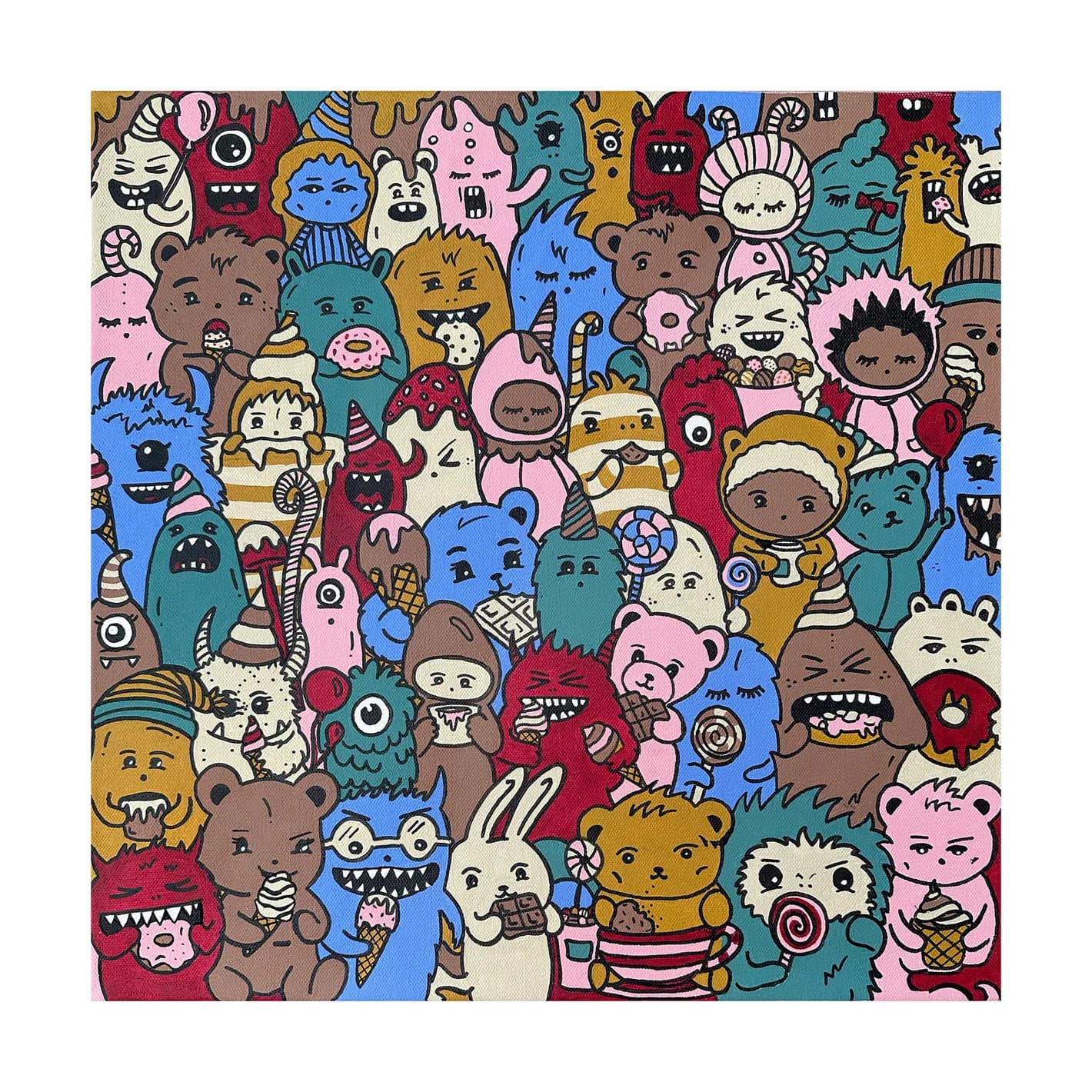 Densely packed illustration of whimsical creatures in varied colors—pink, blue, brown, yellow, red—with different textures and expressions filling the entire composition.