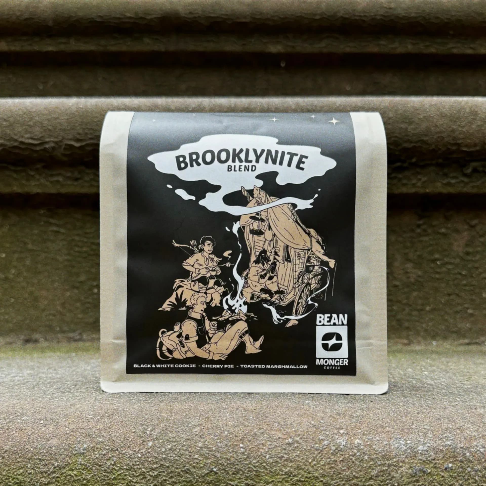 Brooklynite Blend coffee bag front label with illustrated fantasy scene on stone steps