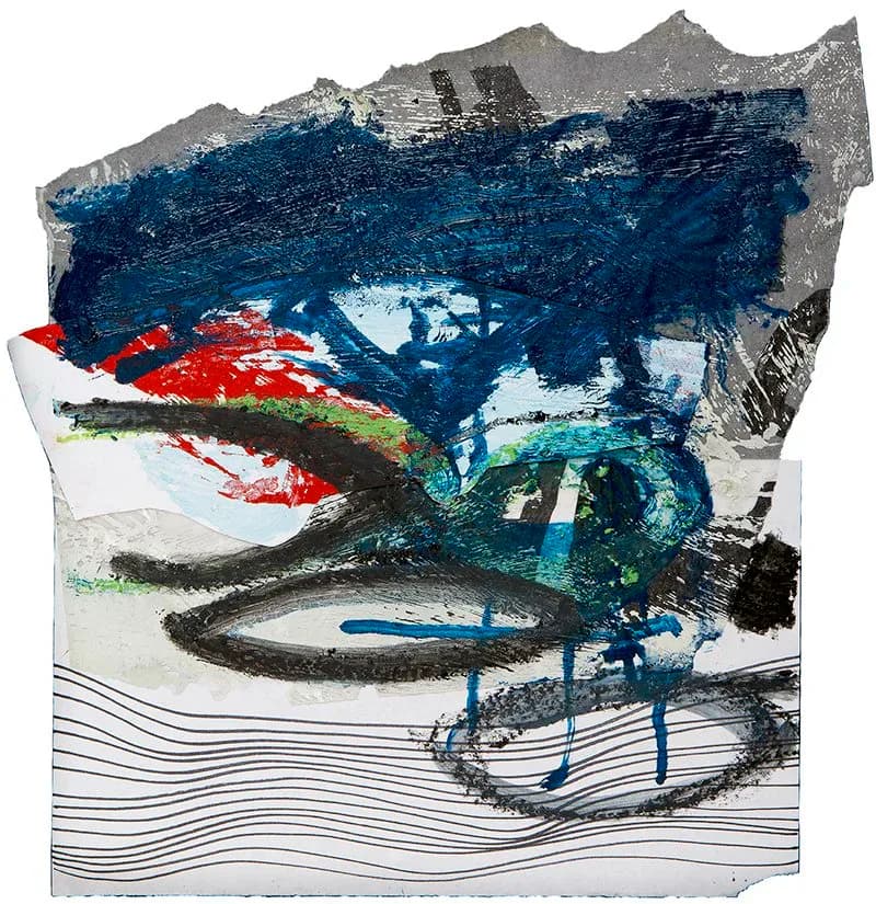 Abstract mixed-media painting on torn paper with blue, red, and black gestural marks and wave lines