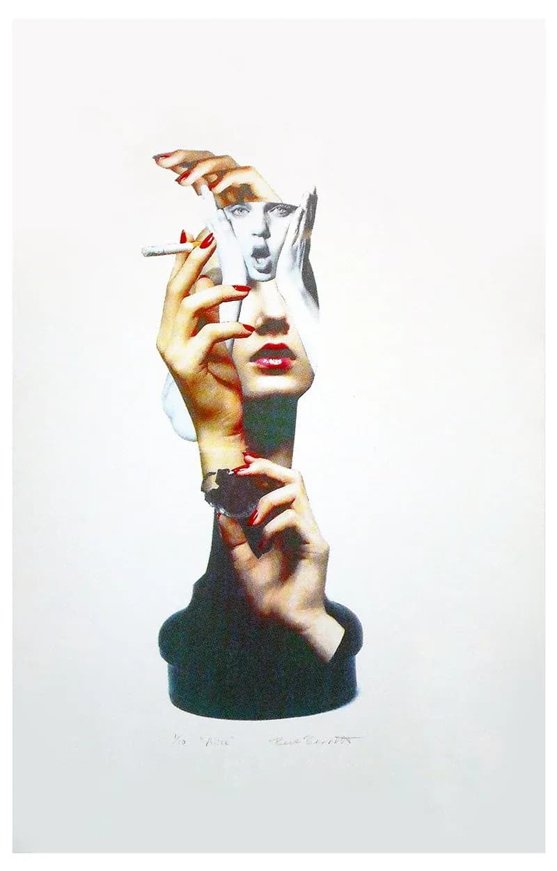 Collage print of fragmented female faces and hands around a classical bust pedestal