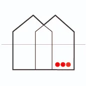 Minimalist line drawing of row houses with peaked roofs and three red dots in lower right corner, simple geometric composition.