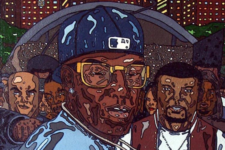 Vibrant mixed-media painting by Bernard Beckford depicting stylized portraits of five figures with expressive faces against an urban cityscape background in warm browns, blues, and gold tones.
