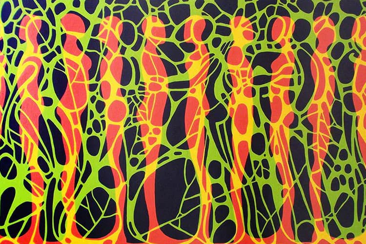 Abstract painting with interlocking neon yellow, red, and orange organic shapes on black background, creating a dynamic energetic composition.
